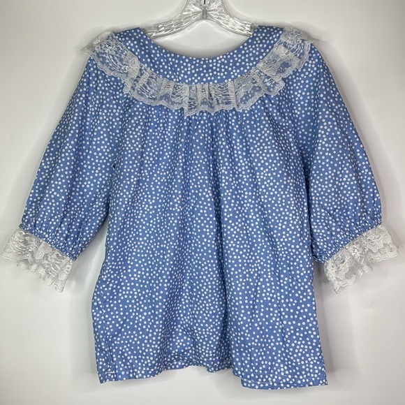 Vintage Pitchfork Brand Western Polka Dot Blue Lace Short Sleeve Shirt Medium - Picture 4 of 7
